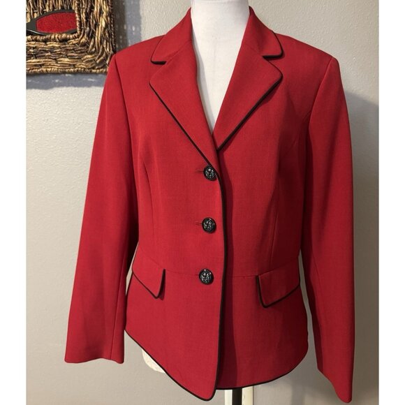 Kasper Suit Jacket Blazer 14 Red Black Trim Classic 3 Button Stretch - Picture 3 of 13